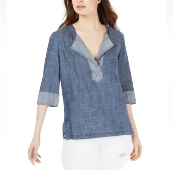 Tina Turk Tops - Trina Turk Linen Groove Split Neck With Half Sleeves in Blue Women’s Size XS